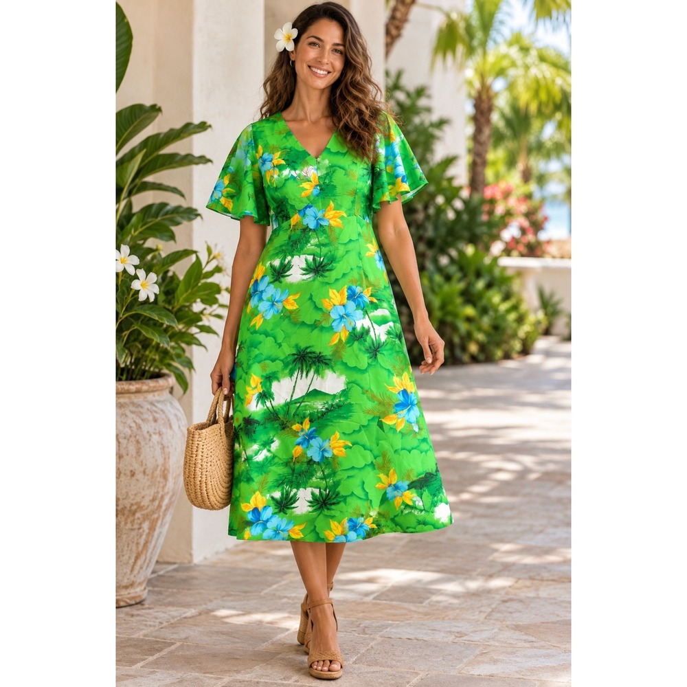 Vintage ROYAL HAWAIIAN Green Tropical Floral Flutter Sleeve Dress Size 18